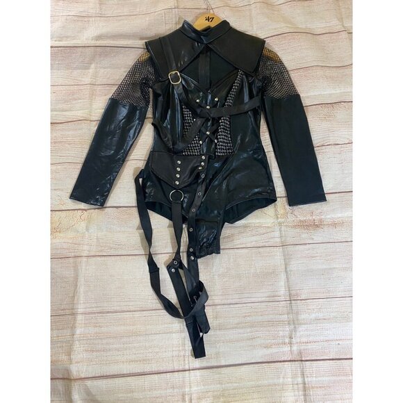 Leg Avenue Women's Black Faux Leather Long Sleeve Key Hole Front One Piece - Sma - Picture 6 of 15